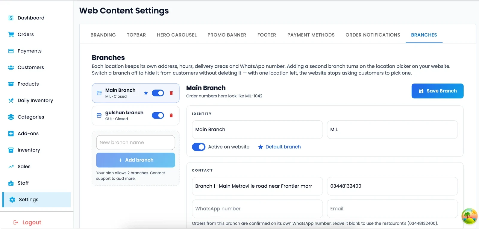 Branch settings with two locations, each with its own contact details and order number prefix