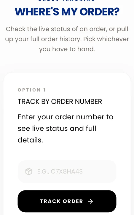 Customer order tracking screen asking for an order number to show live status